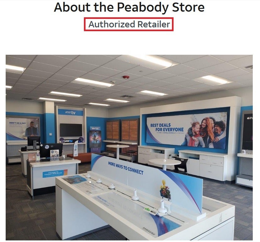 AT&T store locator shows an authorized retailer in Peabody, Mass.